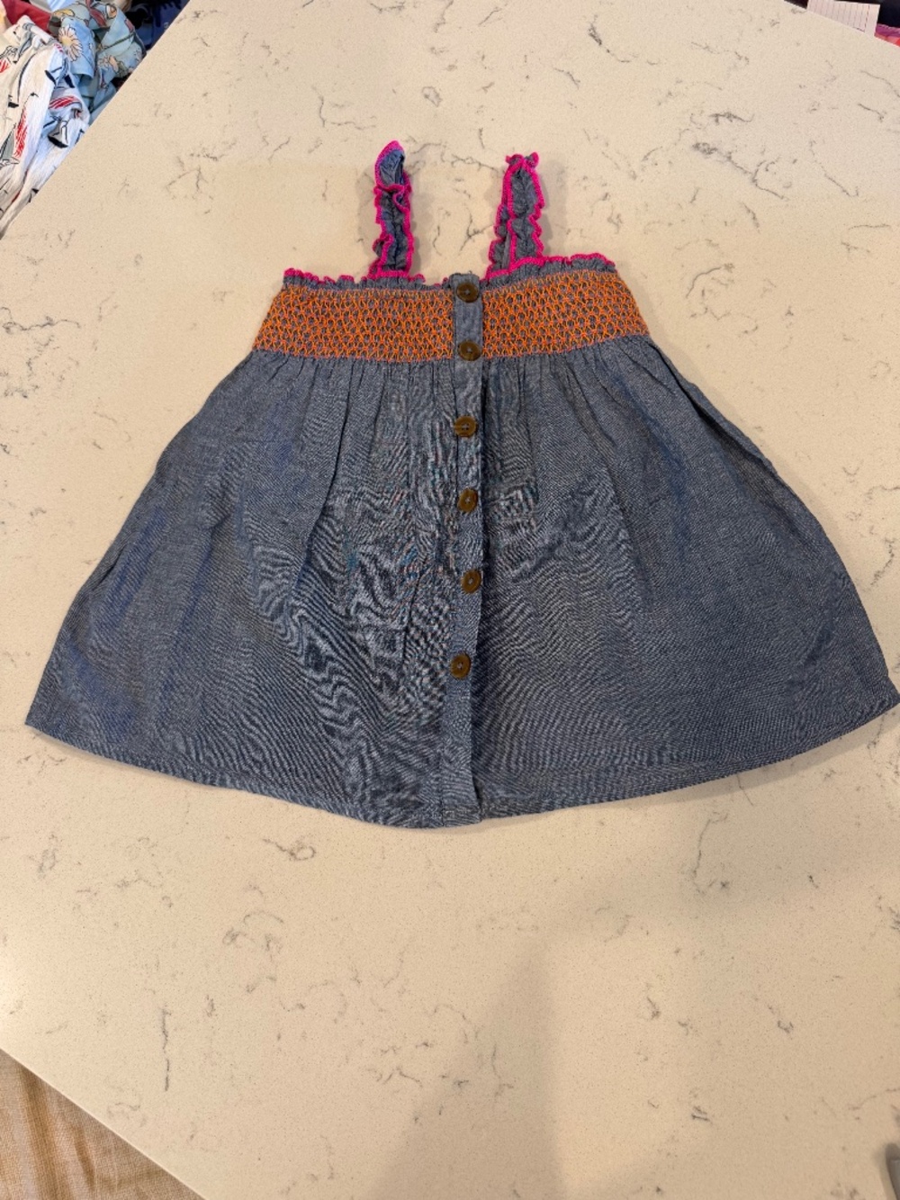 Girls Chambray Button-Front Skirted Bottom with Pink and Orange Smocked Waist